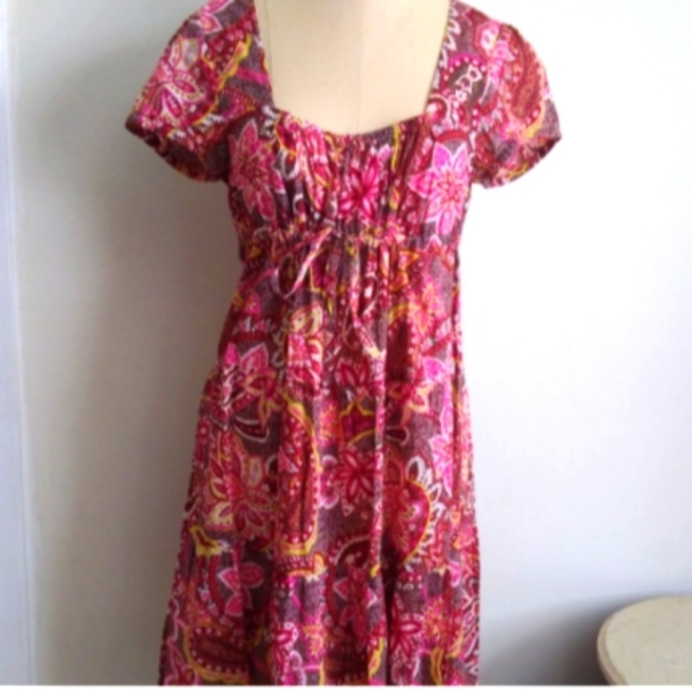Ann Taylor Loft Paisley Sweetheart Cotton Ruffle Babydoll Dress 8 Petite Medium
